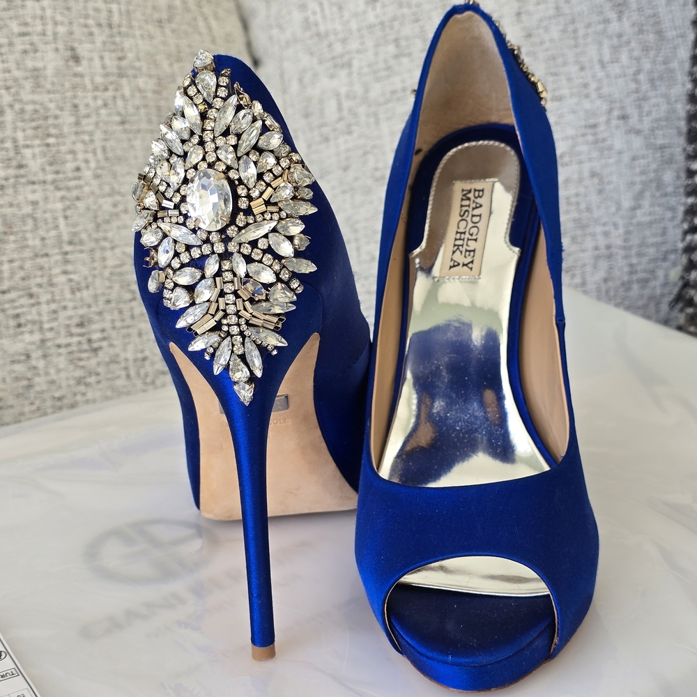 Badgley Mischka Royal Blue Jeweled Peep-Toe Stilettos